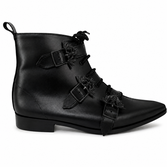 Harley - 3 Bat Buckle Lace Up Winklepicker (Black Edition)