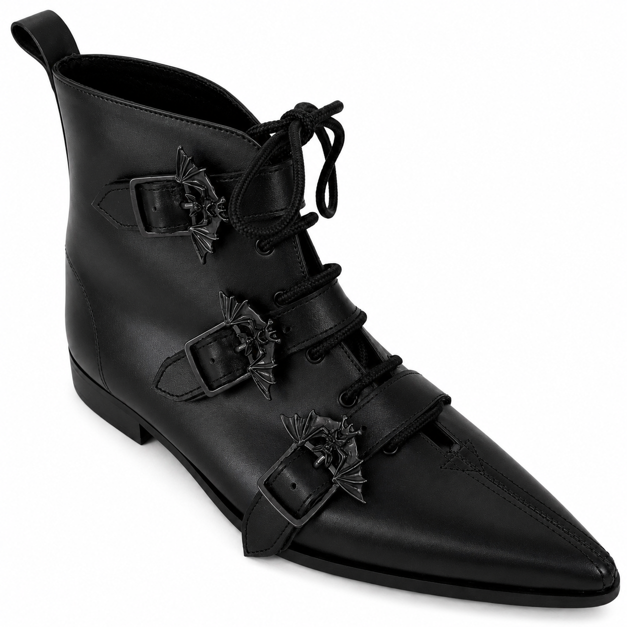 Harley - 3 Bat Buckle Lace Up Winklepicker (Black Edition)