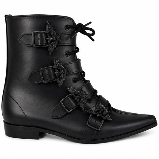 Albie - 4 Bat Buckle Lace Up Winklepicker (Black Edition)
