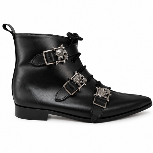 Harley - 3 Skull Buckle Lace Up Winklepicker