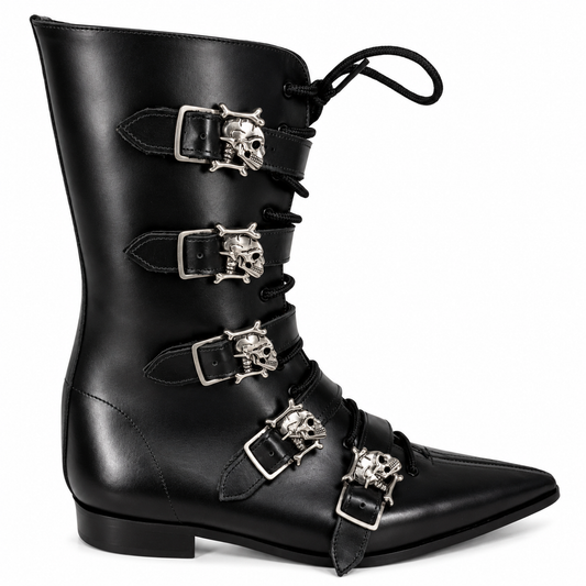 Louie - 5 Skull Buckle Lace Up Winklepicker